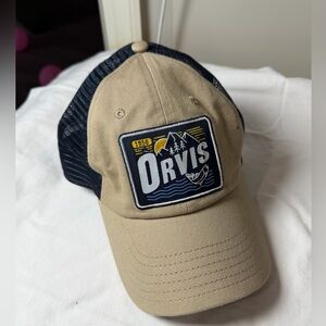 Orvis Front Patch Colorful Logo Tan and Navy Fishing Hunting Hat